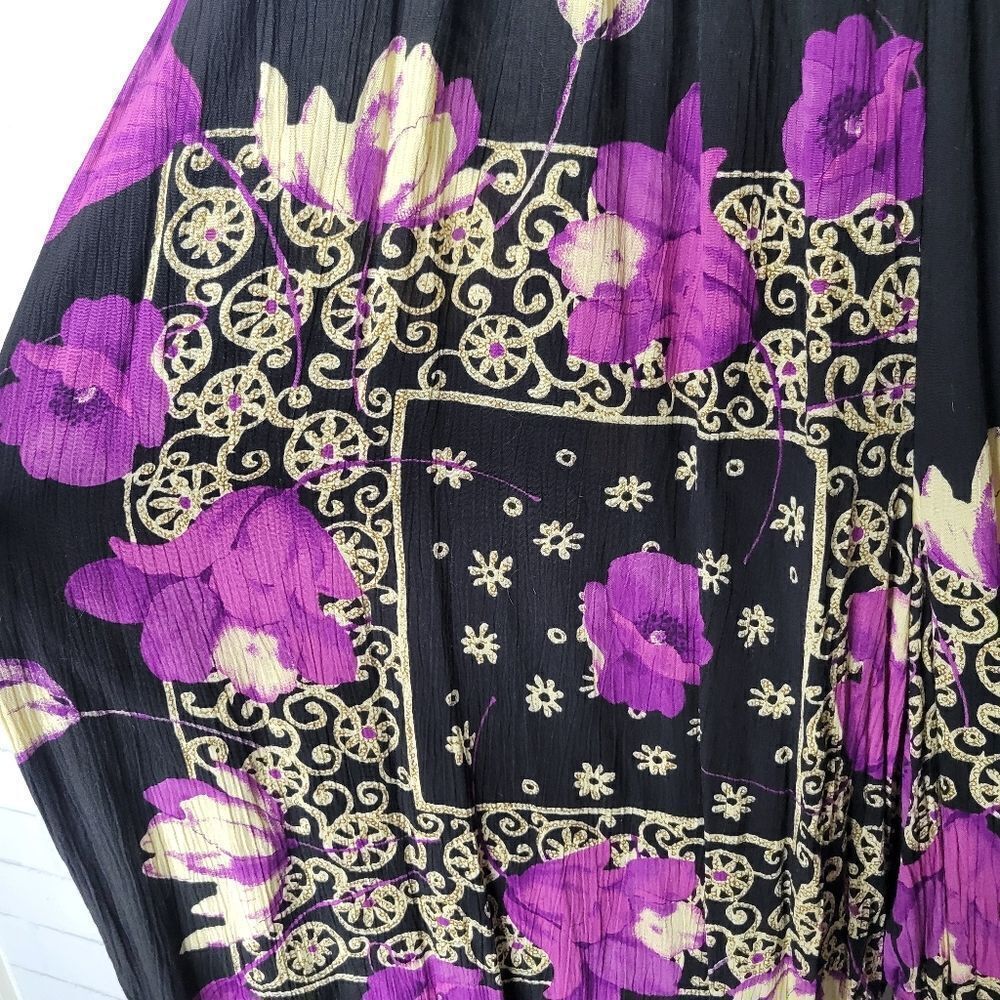 *SET* Bop Vintage Black Purple Floral Crepe Button Down Shirt And Pants - Picture 7 of 10